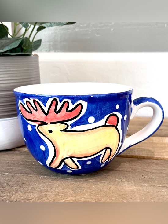 World Cooperation Ltd. Other - WCL Hand Painted Whimsical Moose Ceramic Mug Blue Pink Antlers NWOT